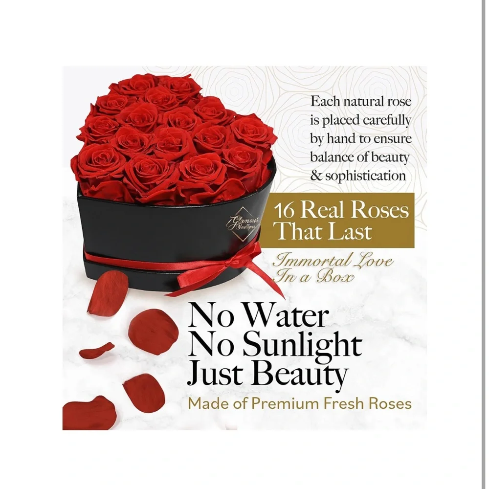 16 Flower Forever Heart Shape Box - Preserved Red Roses, Gift, Love
